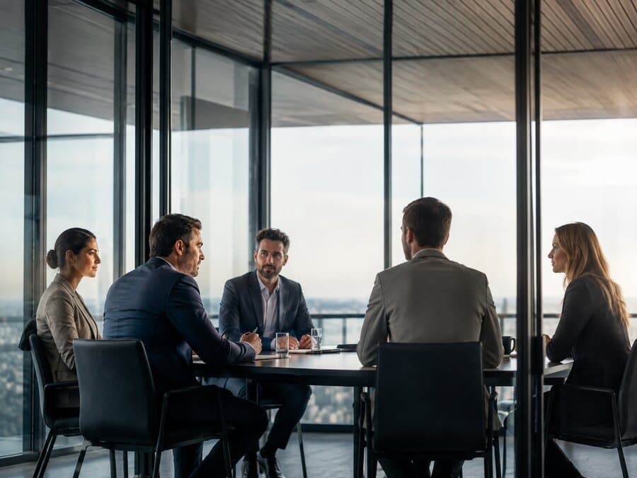 Business leaders in conversation around a boardroom table by floor-to-ceiling windows