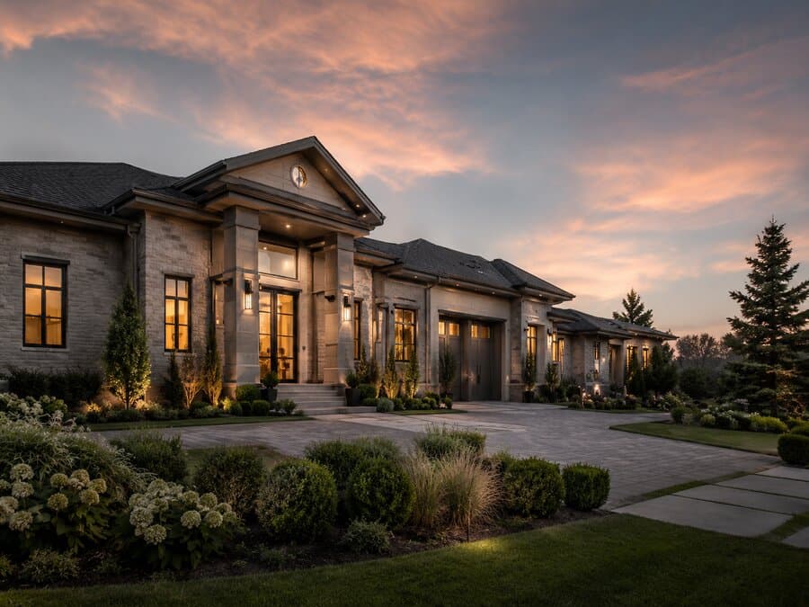 A stone home with warm exterior lighting and manicured landscaping at dusk