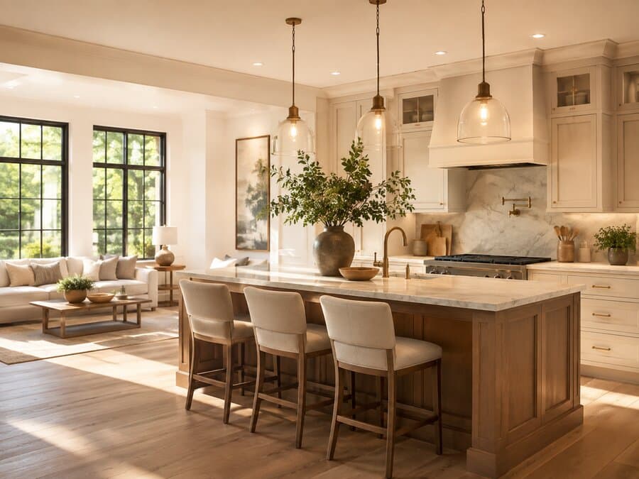 A sunlit kitchen and living area with a marble island and warm wood floors